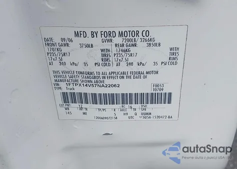 2007 Ford F-150 Fx4/Lariat/Xl/Xlt z USA, uszkodzony, nr VIN 1FTPX14V57NA22062